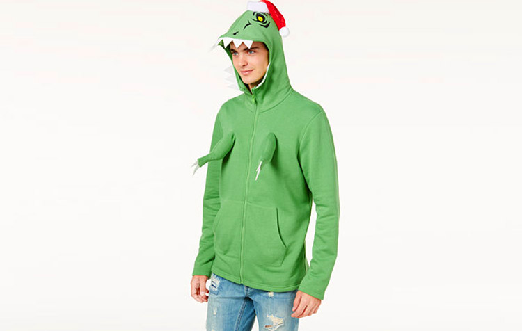 Dinosaur Hoodie Has Little T-Rex Arms That Protrude From The Chest - Holiday Dino Hoodie with t-rex hands