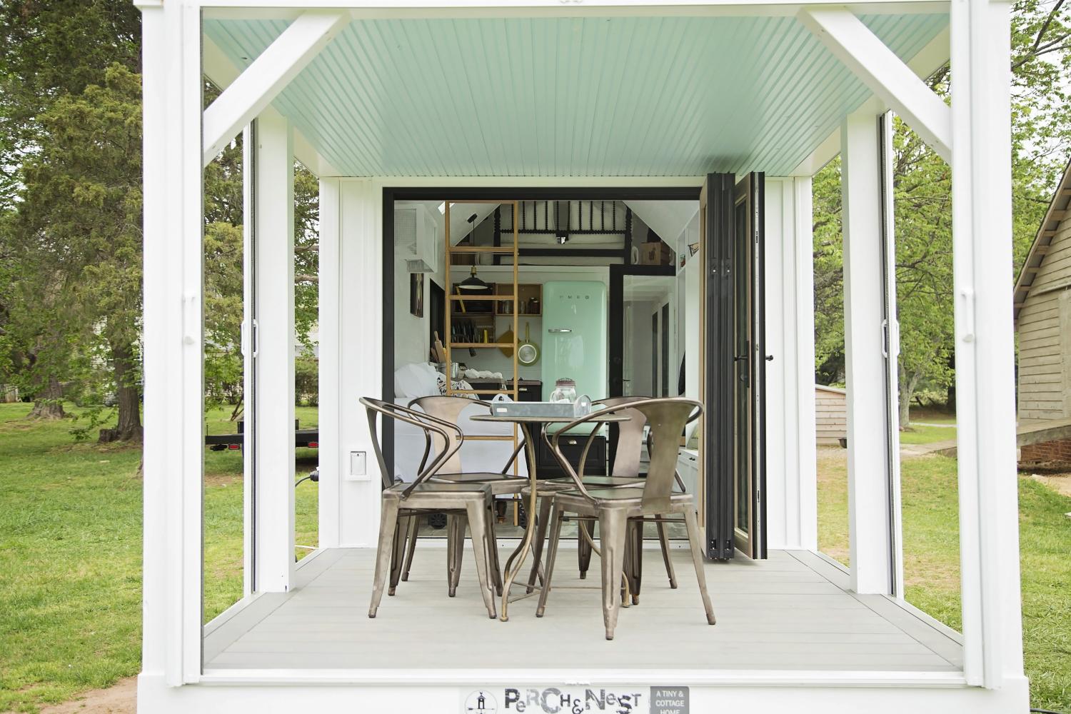Farmhouse Style Tiny Home Built-In Screened-in Porch