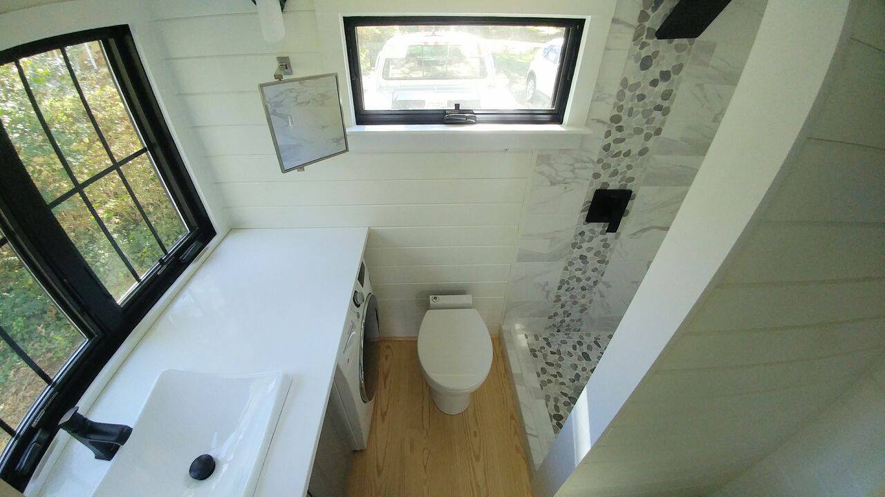 Farmhouse Style Tiny Home Built-In Screened-in Porch