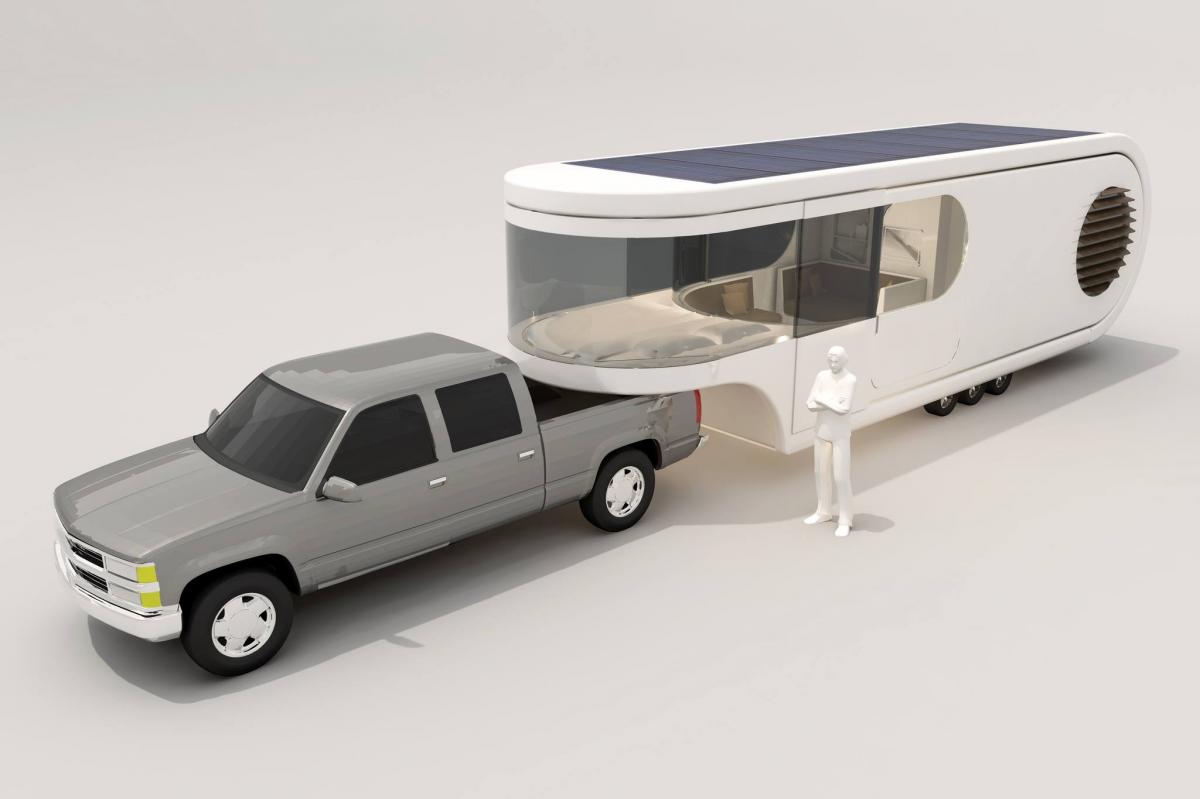 Futuristic Camping Trailer Rotates Around To Reveal Huge Party Deck - Romotow swiveling luxury camper