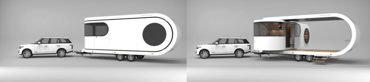Futuristic Camping Trailer Rotates Around To Reveal Huge Party Deck - Romotow swiveling luxury camper