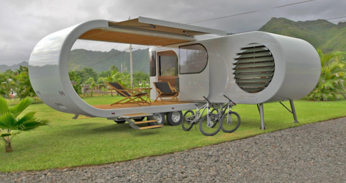 Futuristic Camping Trailer Rotates Around To Reveal Huge Party Deck - Romotow swiveling luxury camper