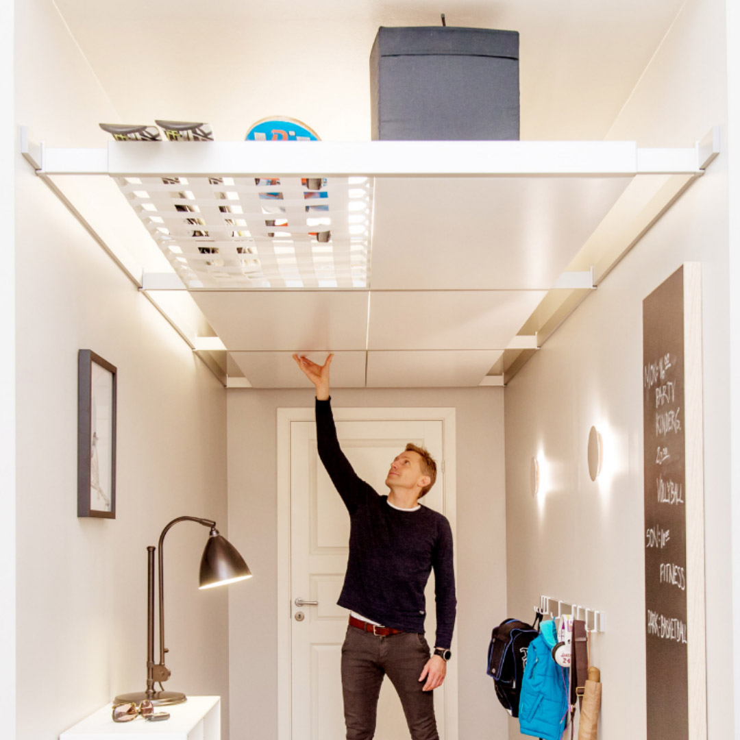 Genius Ceiling Storage Solution - Beam-it-up tiny home ceiling storage kit