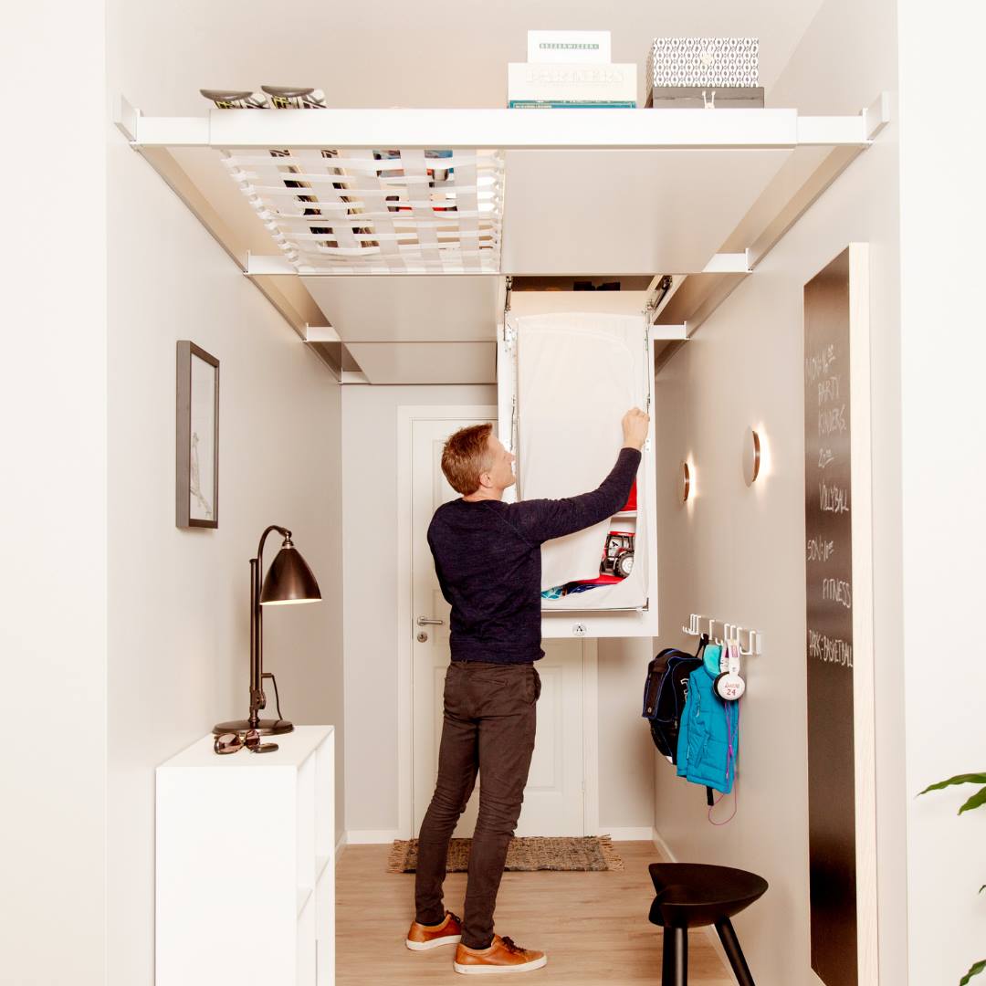 Genius Ceiling Storage Solution - Beam-it-up tiny home ceiling storage kit