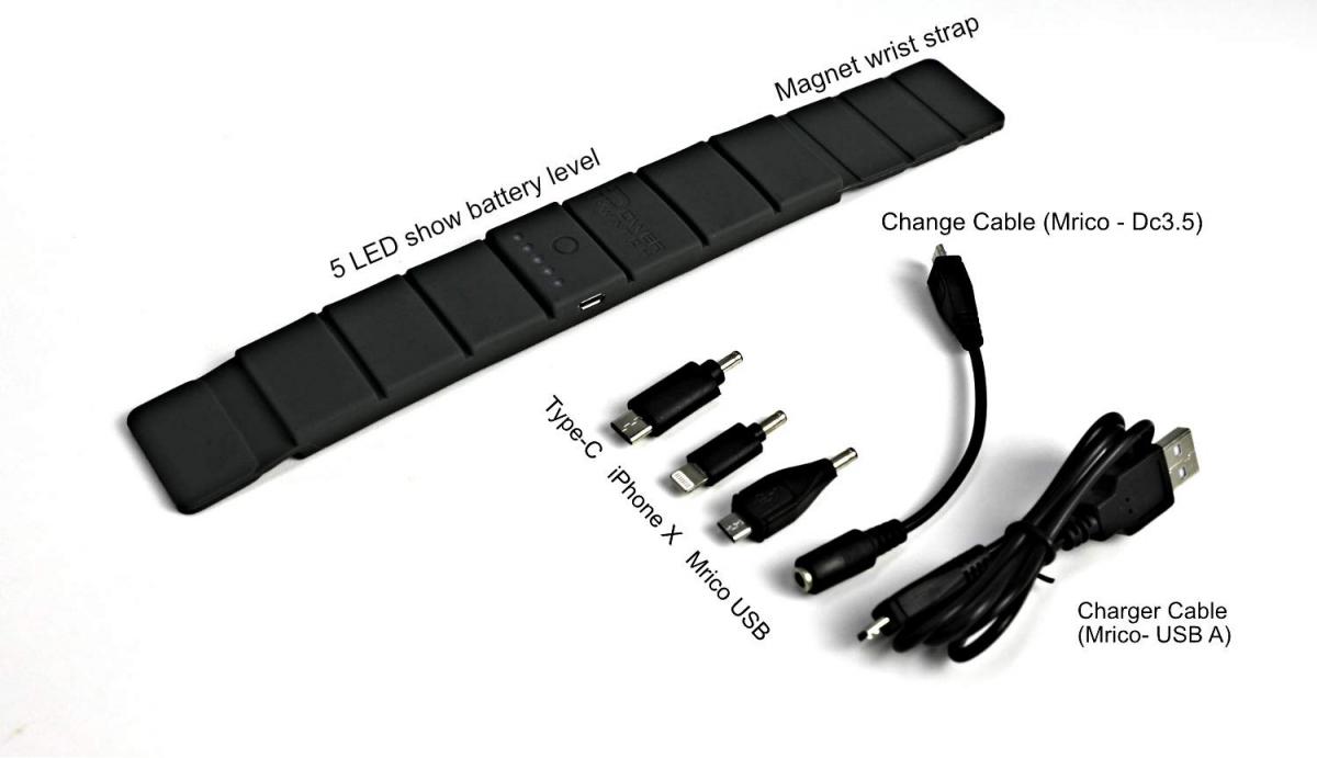 Wrist wrapped Power Bank - Travel phone charging bracelet - Charge phone while using it