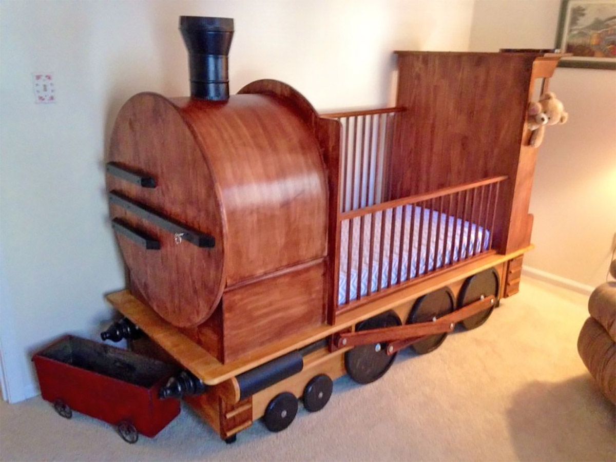 Handmade wooden train crib - Woodworking train baby crib with dresser train car