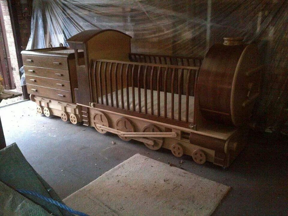 Handmade wooden train crib - Woodworking train baby crib with dresser train car