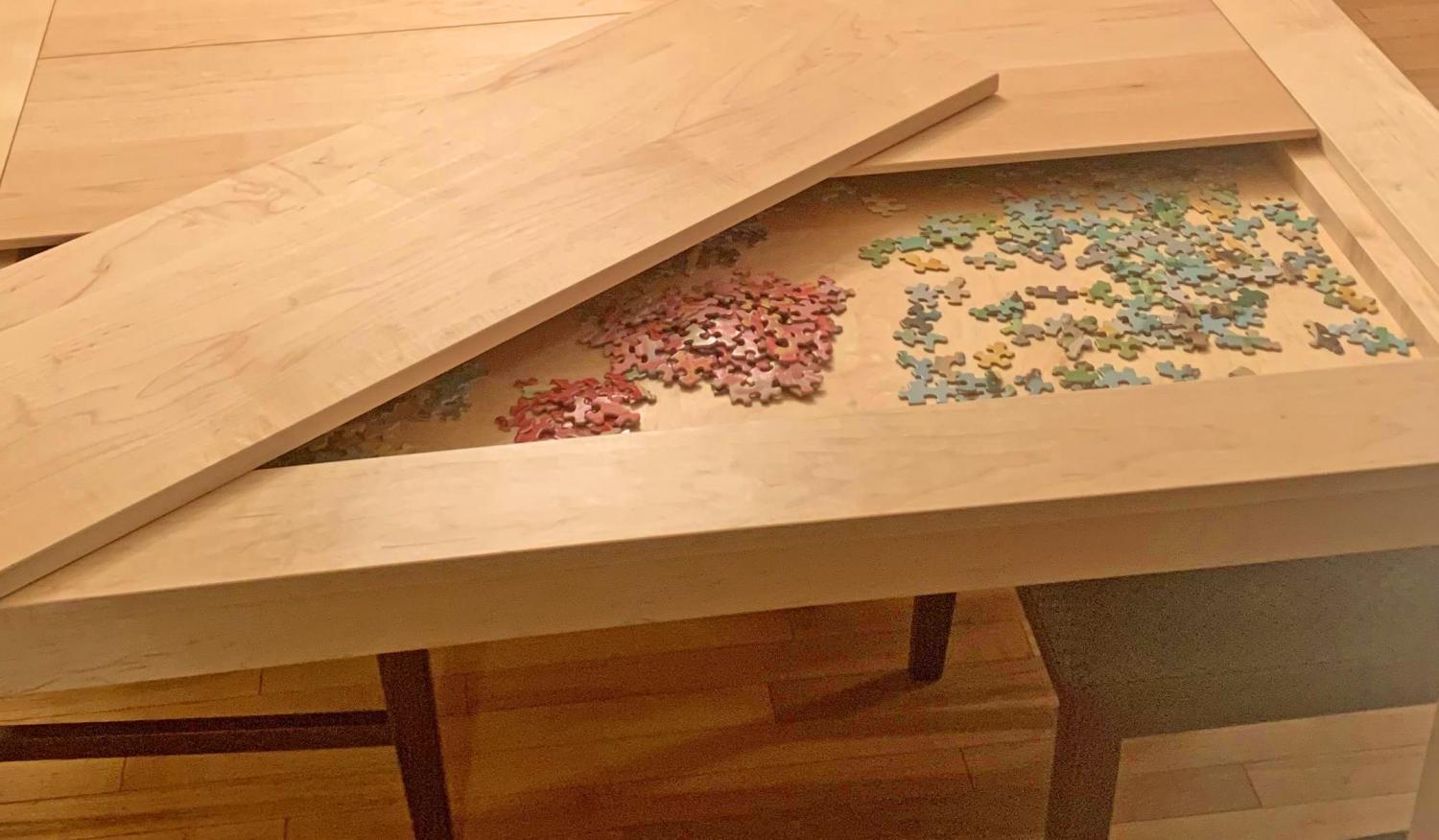 Dining Table Has a Hidden Game/Puzzle Compartment Under The Surface - Wooden custom dining table with puzzle or board game area