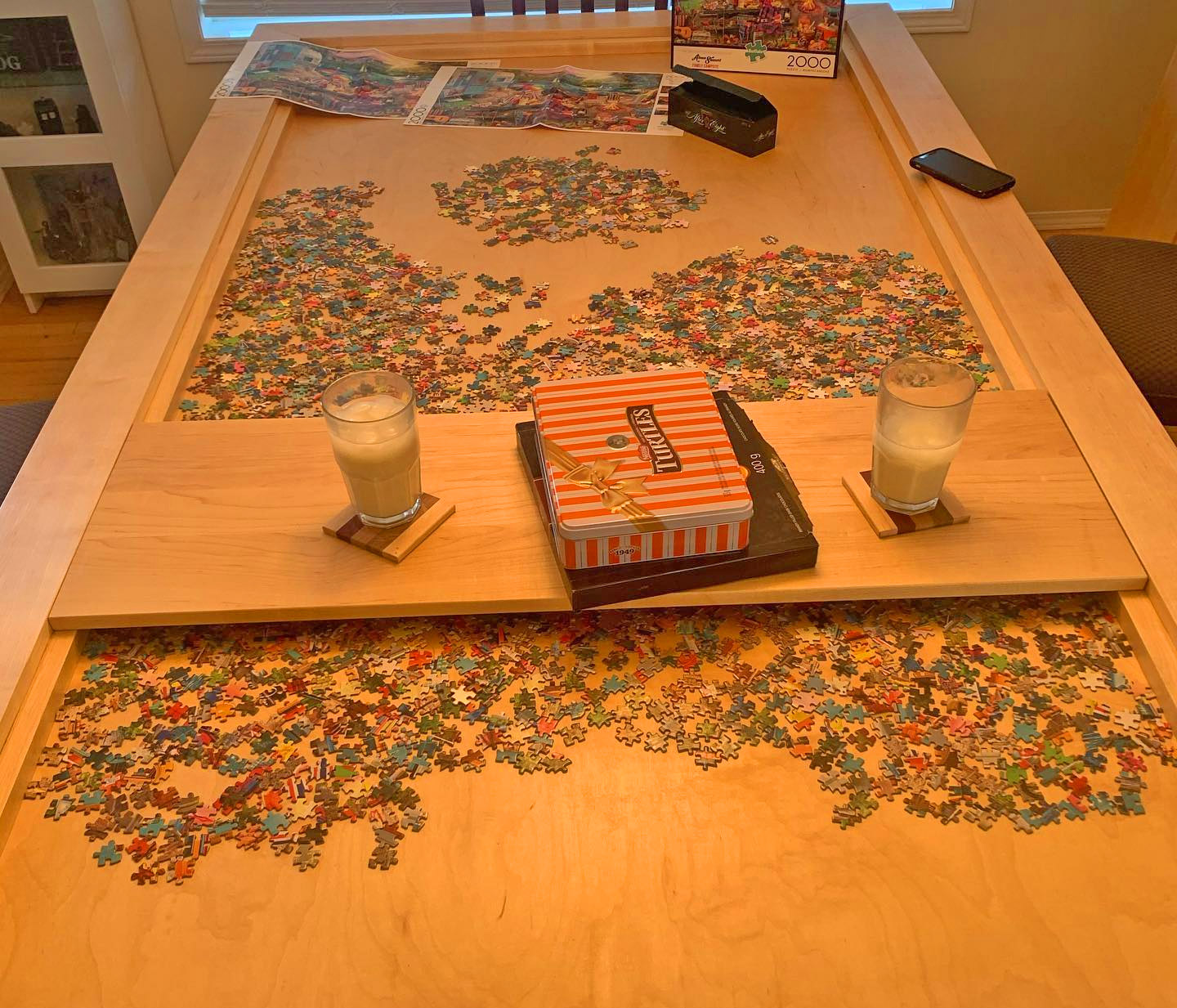 Dining Table Has a Hidden Game/Puzzle Compartment Under The Surface - Wooden custom dining table with puzzle or board game area
