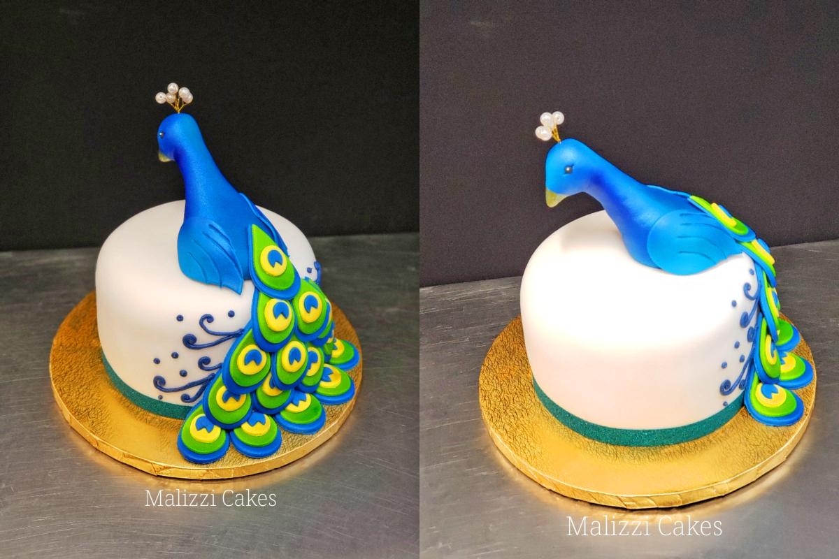 Peacock Wedding Cake - Creative three-layer peacock cake uses cupcakes for the tail of the bird