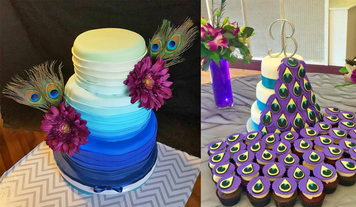 Peacock Wedding Cake - Creative three-layer peacock cake uses cupcakes for the tail of the bird