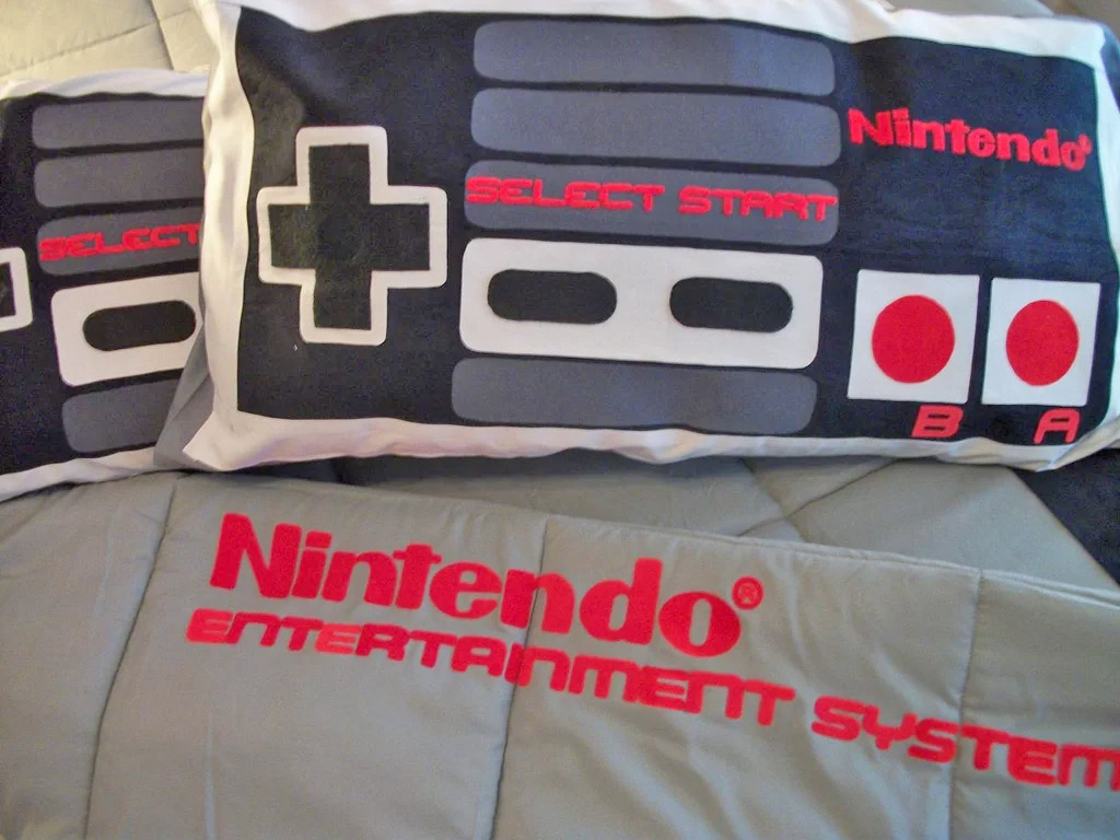 Nintendo Bedding Set - Geeky NES game console bedspread and pillowcases