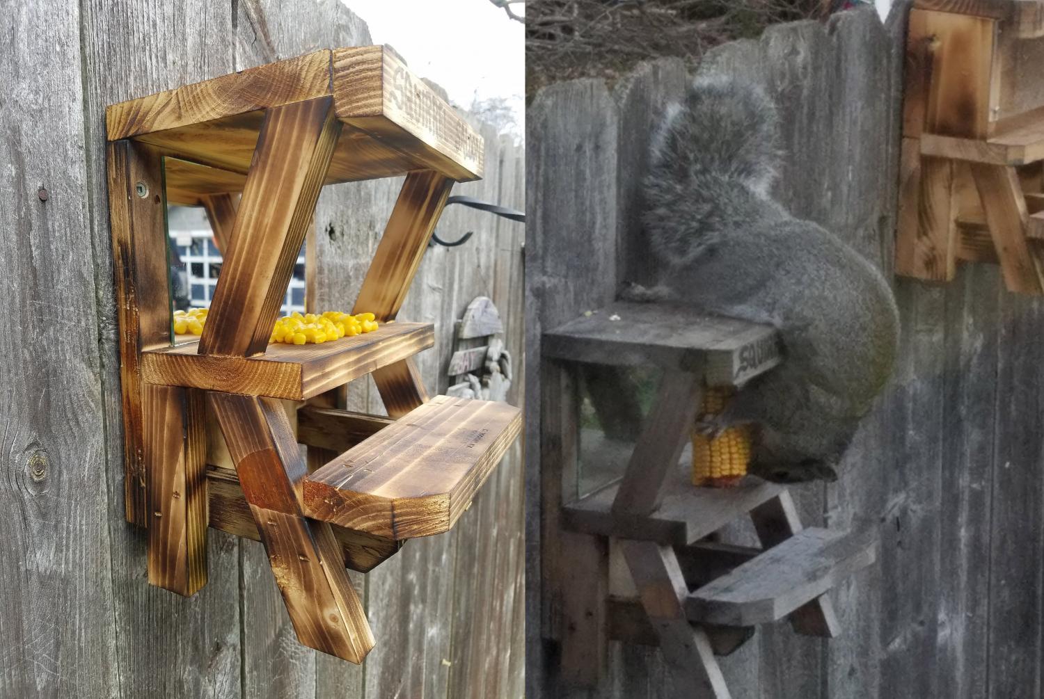 Squirrel Saloon - Wooden Saloon squirrel feeder with bar stools