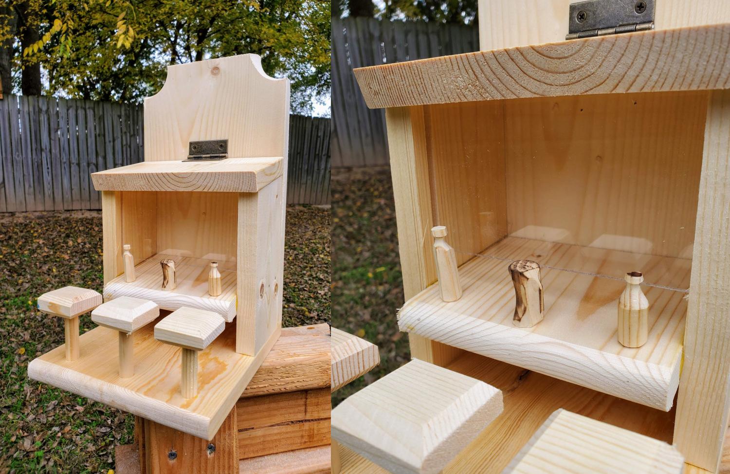 Squirrel Saloon - Wooden Saloon squirrel feeder with bar stools