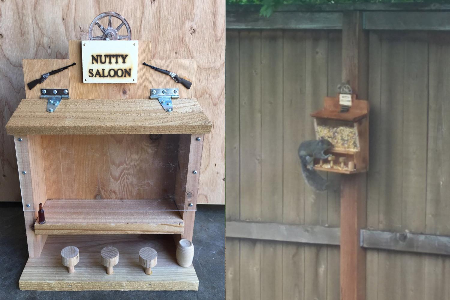Squirrel Saloon - Wooden Saloon squirrel feeder with bar stools