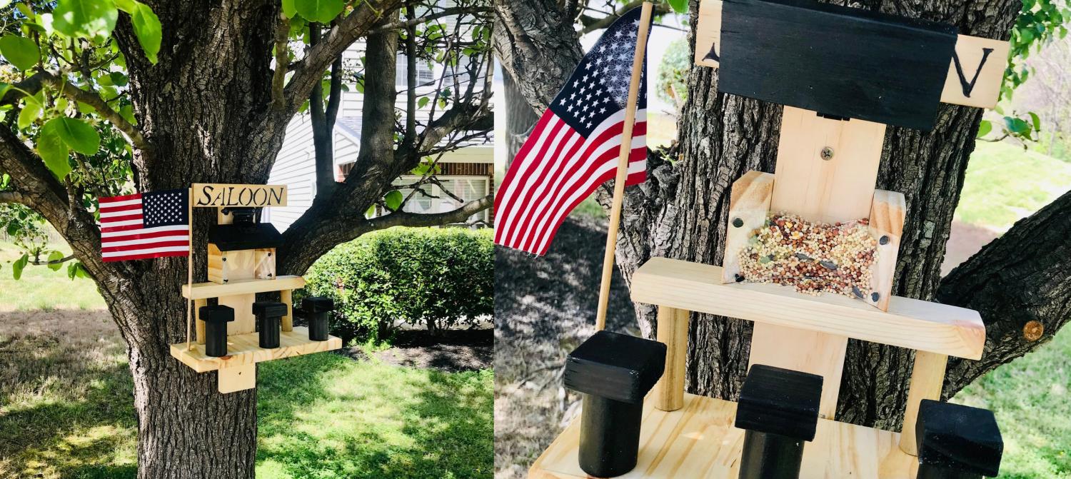 Squirrel Saloon - Wooden Saloon squirrel feeder with bar stools