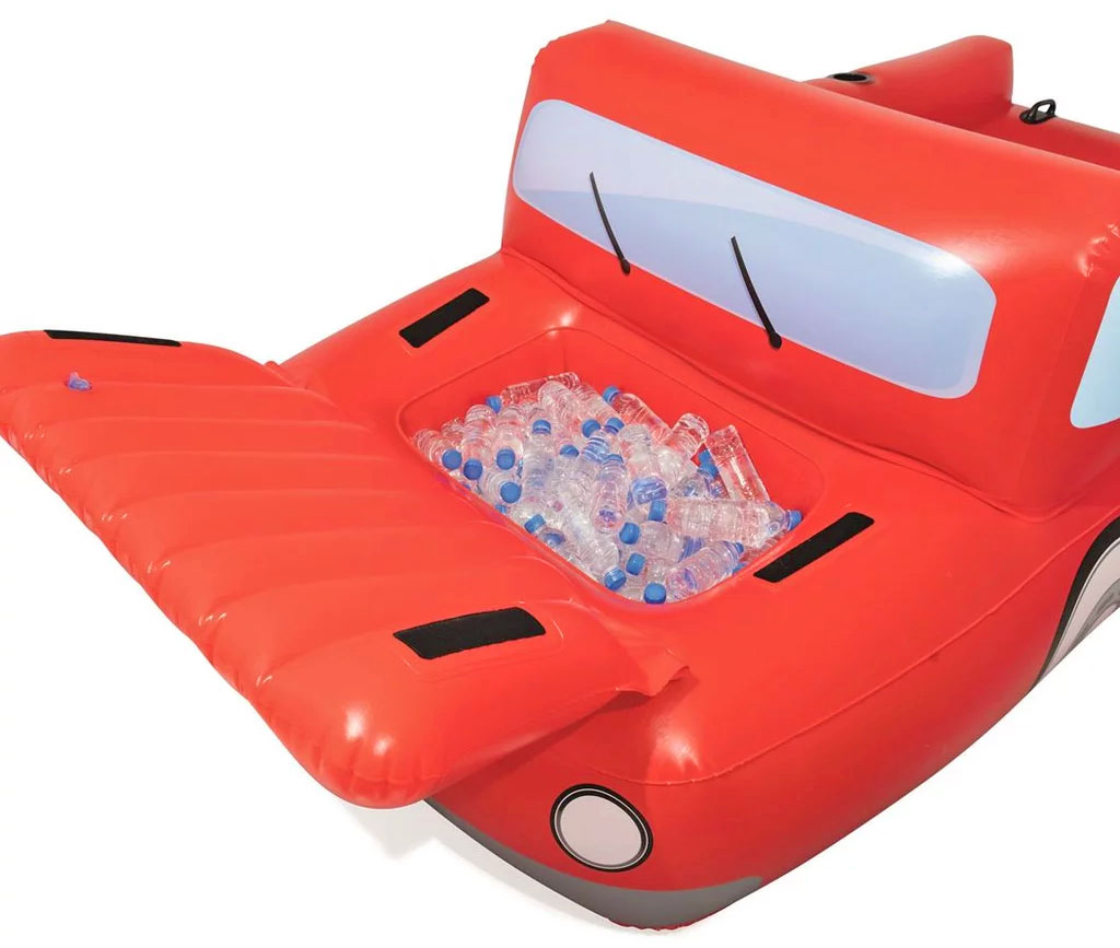 Giant Red pickup Truck Pool Float Has Beer Cooler Under The Hood