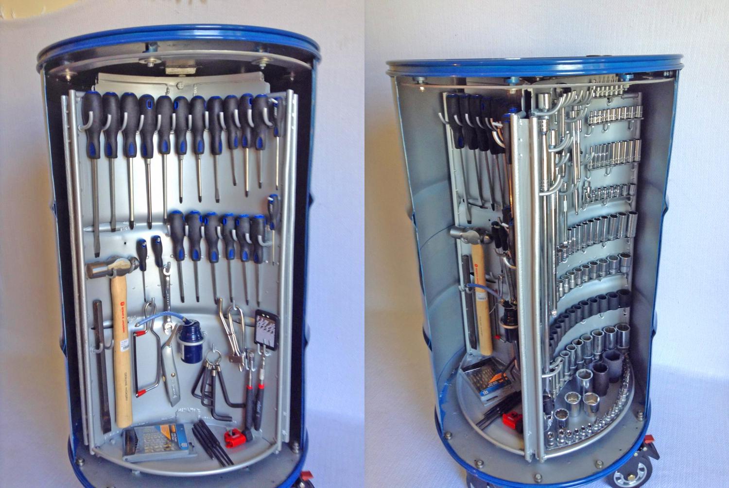 The Ultimate Toolbox - Drum Barrel Toolbox with rotating pegwalls holds tools and socket sets