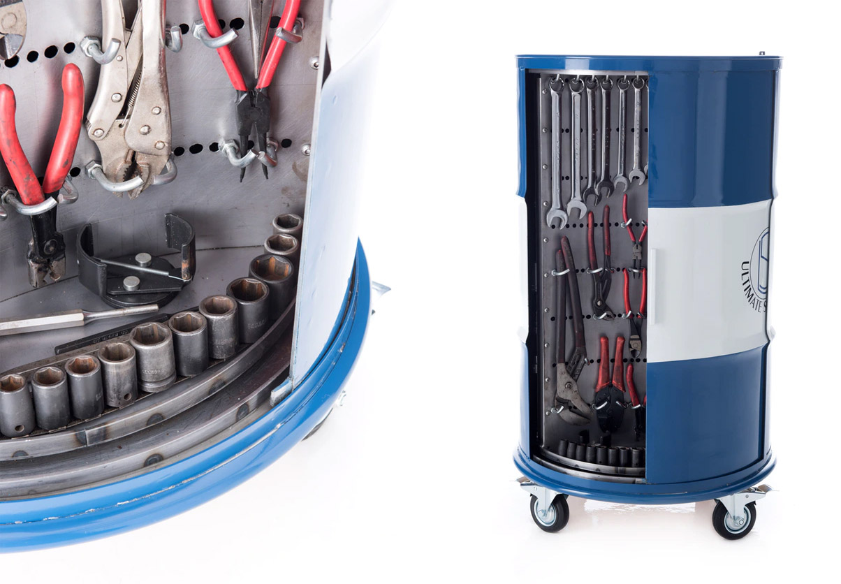 The Ultimate Toolbox - Drum Barrel Toolbox with rotating pegwalls holds tools and socket sets