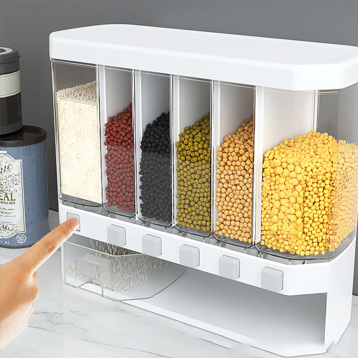 Push button wall mounted food dispenser