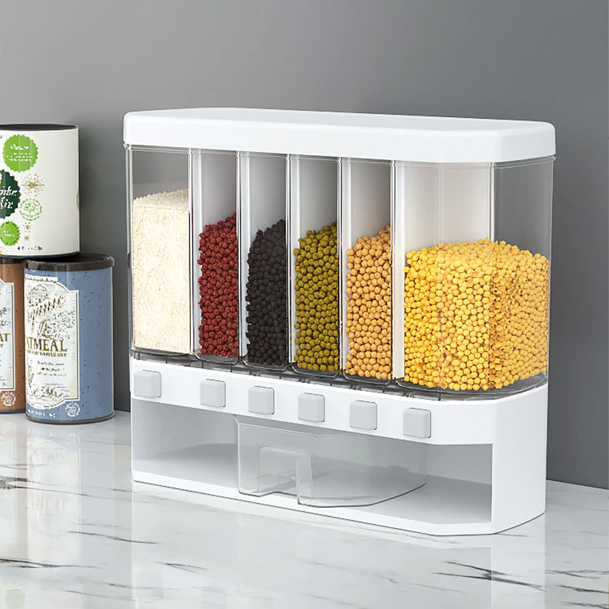 Push button wall mounted food dispenser
