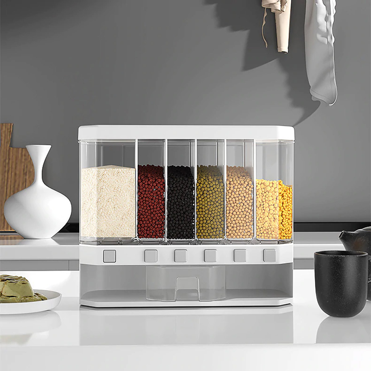 Push button wall mounted food dispenser