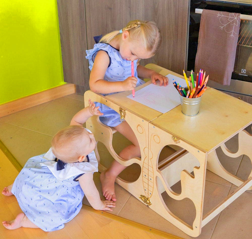 Montessori Kitchen Helper Stool For Toddlers Converts Into a Craft Table