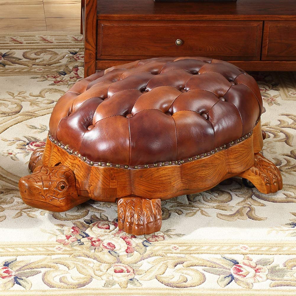 Tortoise Ottoman - Hand carved wooden and leather turtle ottoman