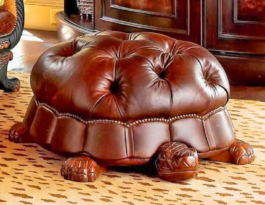 Tortoise Ottoman - Hand carved wooden and leather turtle ottoman