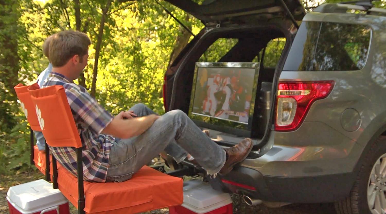 Truck Hitch Cargo Holder Doubles as Seating For Tailgating or Camping - Rivalry Outdoor Portable Cargo Carrier Folding Tailgate Hitch Seat