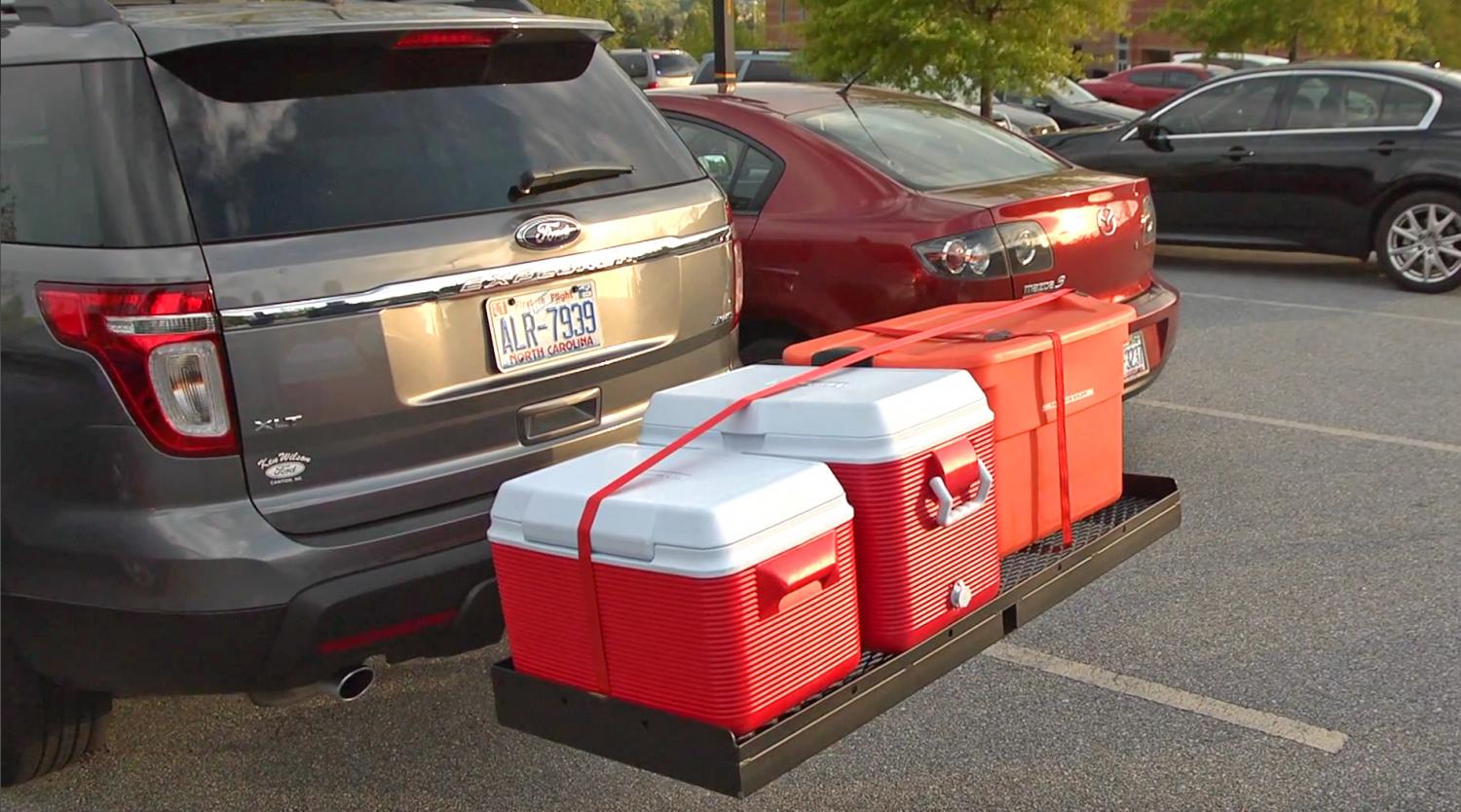 Truck Hitch Cargo Holder Doubles as Seating For Tailgating or Camping - Rivalry Outdoor Portable Cargo Carrier Folding Tailgate Hitch Seat