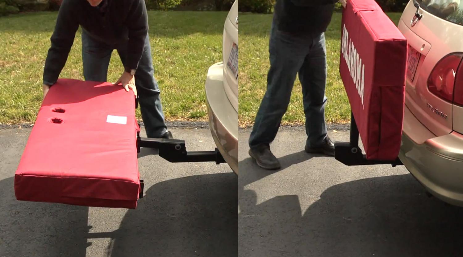 Truck Hitch Cargo Holder Doubles as Seating For Tailgating or Camping - Rivalry Outdoor Portable Cargo Carrier Folding Tailgate Hitch Seat