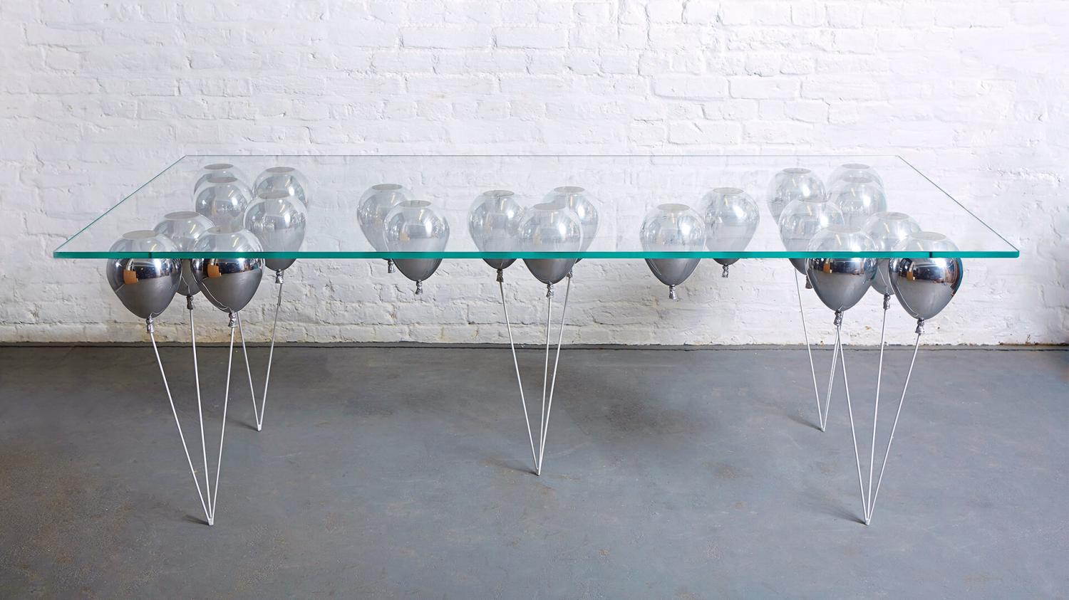 Up Balloon Table - Artsy table using balloons to hold up glass tabletop - Duffy London