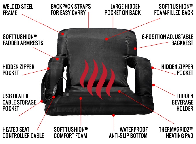 USB Heated Bleacher Chair - Full back support heated bleacher seat - USB portable battery powered stadium chair