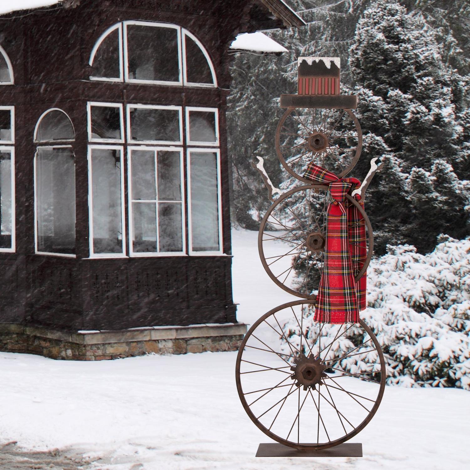 Vintage Bicycle Wheels Turned Into Snowmen - Bike turn snowman Christmas Decorations