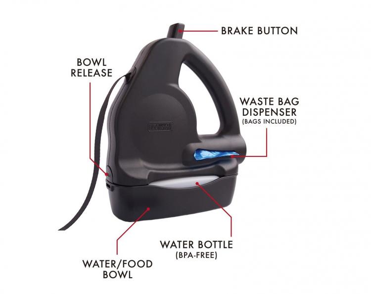 WalkWhiz Multi-Leash: Retractable Dog Leash With Integrated Waste Bag Holder and Water Bowl