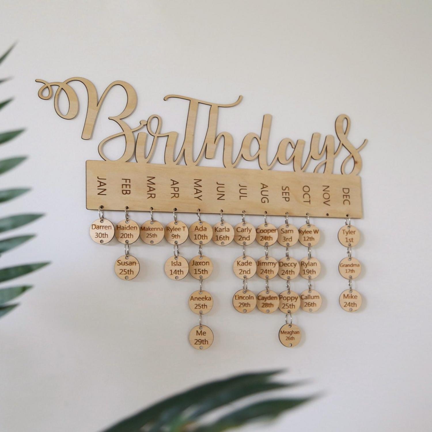 Wooden wall mounted family birthday calendar reminder personalized