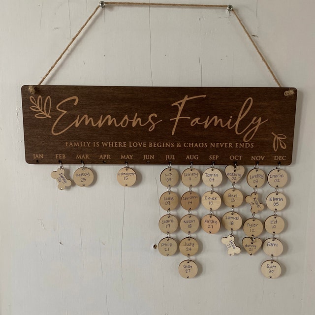 Wooden wall mounted family birthday calendar reminder personalized