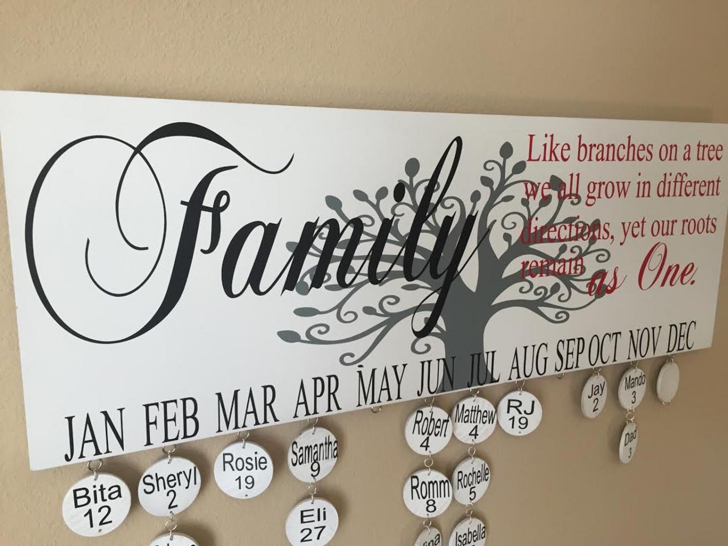 Wooden wall mounted family birthday calendar reminder personalized