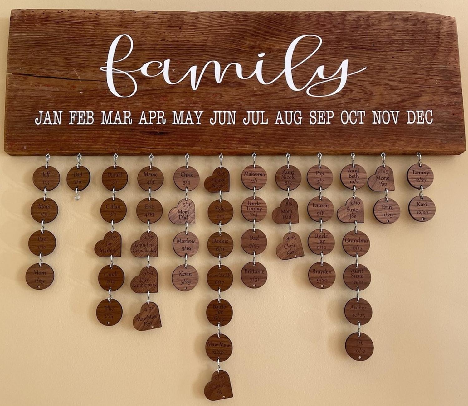 Wooden wall mounted family birthday calendar reminder personalized