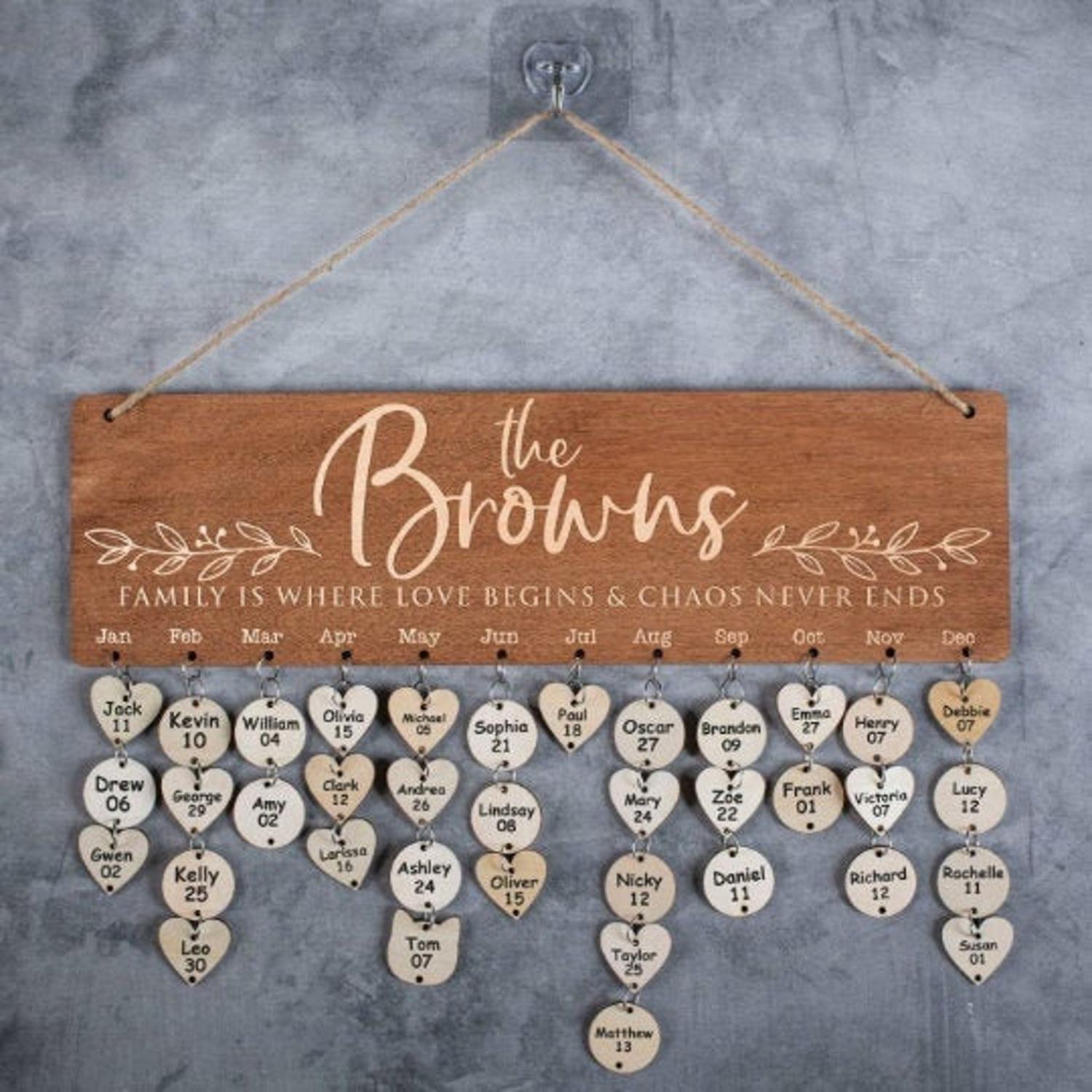 Wooden wall mounted family birthday calendar reminder personalized