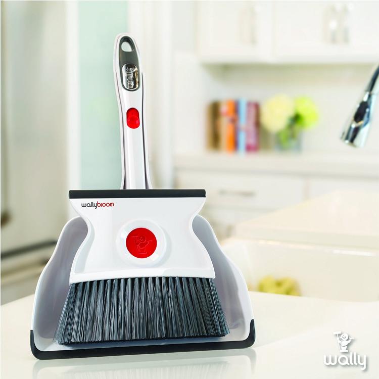 Wallybroom - Double-sided mini broom and dustpan - Flippable broom lets you sweep and squeegee floor - clean wet or dry messes