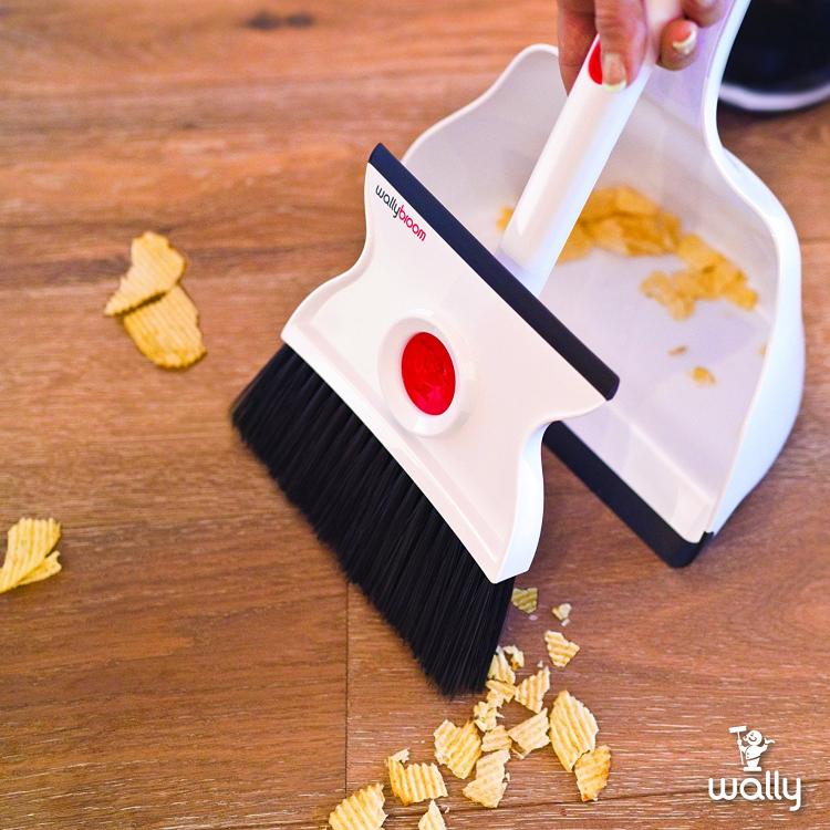 Wallybroom - Double-sided mini broom and dustpan - Flippable broom lets you sweep and squeegee floor - clean wet or dry messes