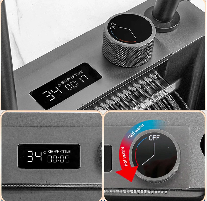 Waterfall Kitchen Sink With Digital Temperate Gauge And Auto Cup Cleaner Sprayer