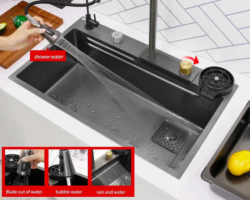 Waterfall Kitchen Sink With Digital Temperate Gauge And Auto Cup Cleaner Sprayer