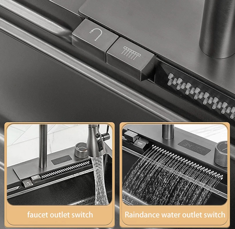 Waterfall Kitchen Sink With Digital Temperate Gauge And Auto Cup Cleaner Sprayer