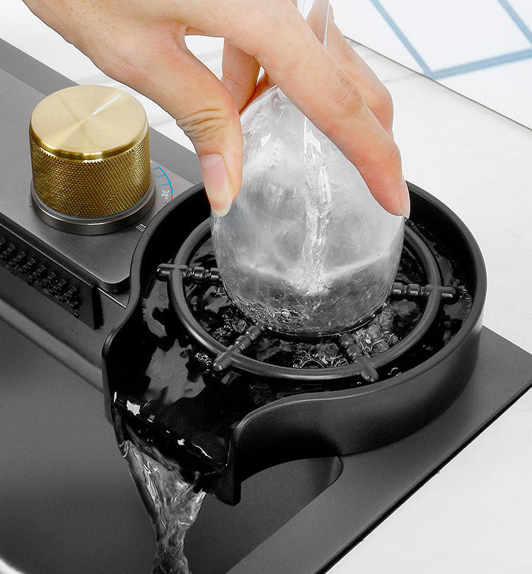 Waterfall Kitchen Sink With Digital Temperate Gauge And Auto Cup Cleaner Sprayer