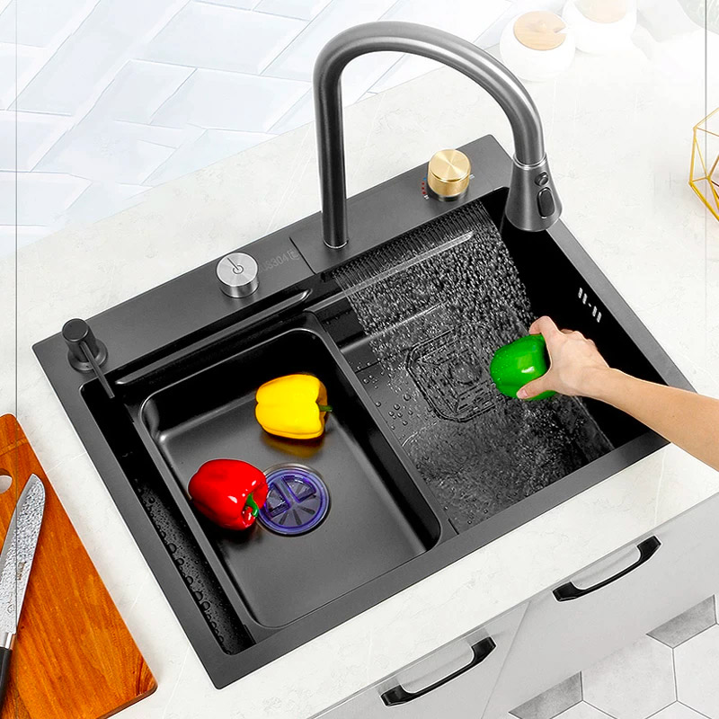 Waterfall Kitchen Sink With Digital Temperate Gauge And Auto Cup Cleaner Sprayer