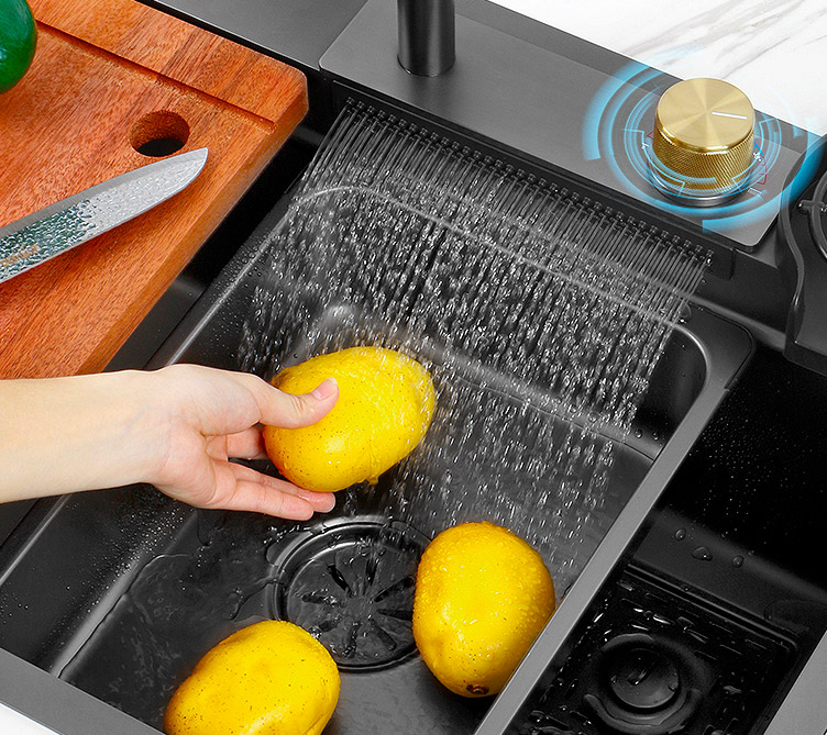 Waterfall Kitchen Sink With Digital Temperate Gauge And Auto Cup Cleaner Sprayer