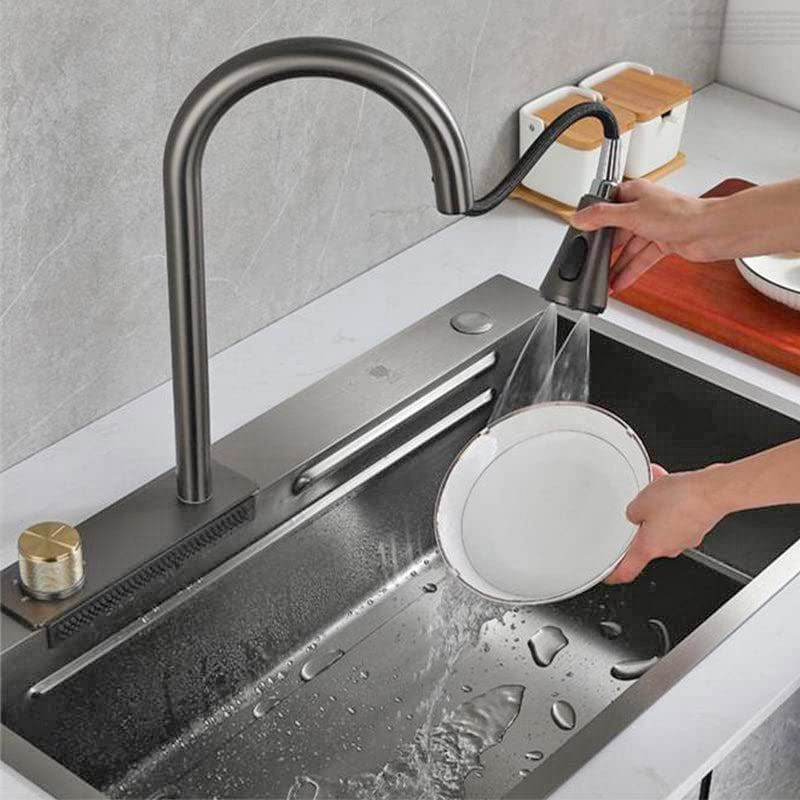Waterfall Kitchen Sink With Digital Temperate Gauge And Auto Cup Cleaner Sprayer